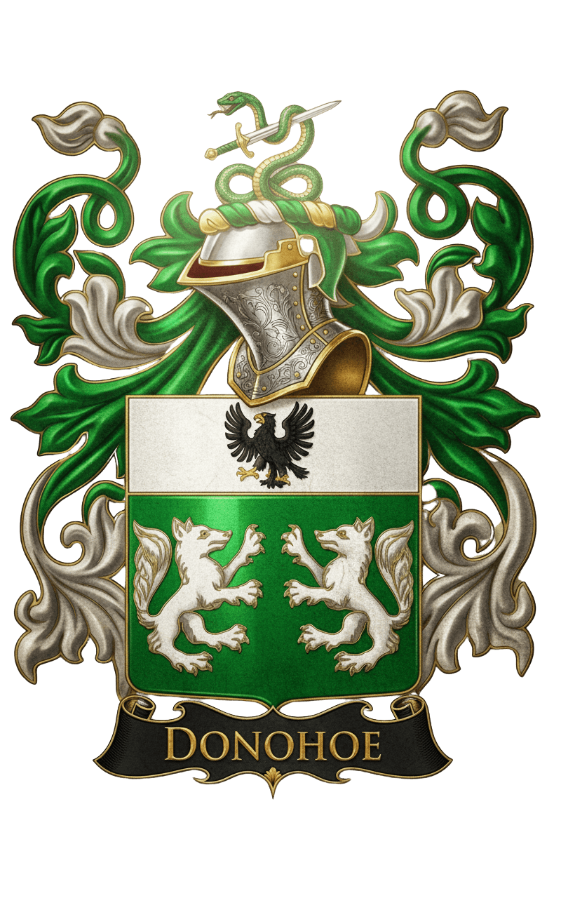Donohoe Family Crest - Full heraldic achievement with helm, serpent, and mantling